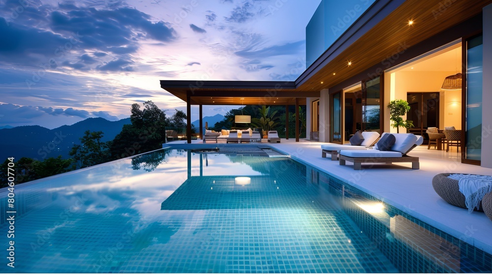 Luxurious interior and exterior design showcase a villa with a pool ...