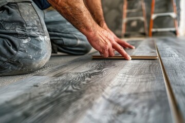 Poster - A man laying a piece of wood on the floor. Suitable for construction and carpentry concepts