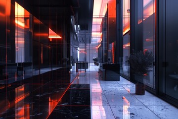 Poster - A long hallway with red lights. Perfect for horror or mystery themed projects
