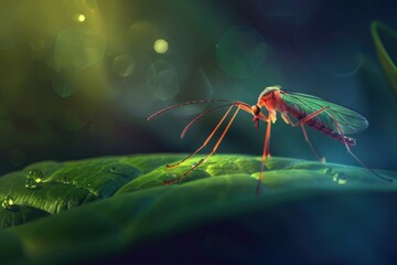 Aufkleber - A mosquito perched on a vibrant green leaf. Suitable for nature and wildlife concepts
