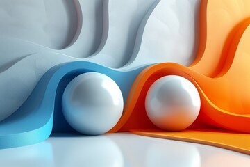 Poster - Two glossy spheres reflect on a smooth surface amid a dynamic structure of orange and blue, mixing fiction with reality