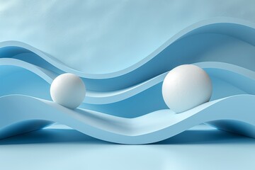 Poster - Serene composition with a sphere resting on cresting blue waves, conveying a sense of calm and fluidity in a digital artwork