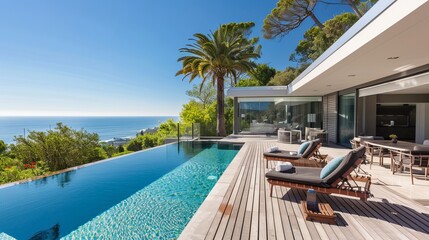 Wall Mural - The garden of a luxury home features a swimming pool and decking.