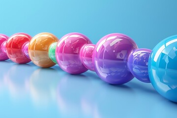 Poster - Spheres in various hues aligned on a reflective blue surface create an attractive visual