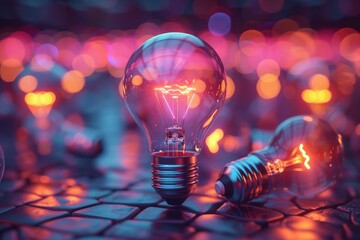 Poster - This is a creative image showcasing illuminated light bulbs amongst unfocused lights on a looming keyboard