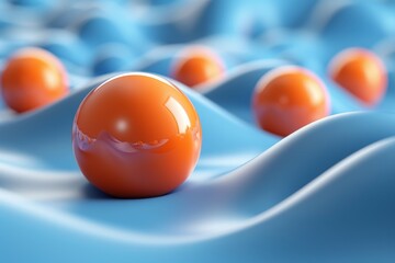 Poster - In this close-up, an orange reflective sphere balances on a wavy blue surface, creating a serene aesthetic contrast