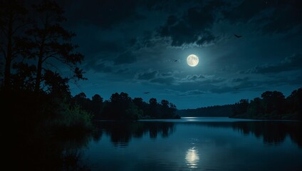 Wall Mural - A full moon over a calm lake at night, with trees and clouds.