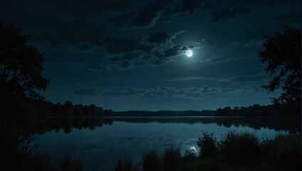 Wall Mural - A full moon over a calm lake at night, with trees and clouds.