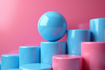 Poster - A vibrant rendering of a blue sphere on top of pink and blue cylinders arranged in a staircase pattern