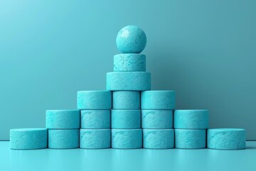 Poster - Visually intriguing 3D rendering of textured blue cylinders forming a pyramid structure on a blue background