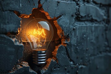 Poster - A light bulb breaking through a dark, cracked wall symbolizes hope and solutions overcoming barriers