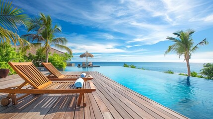 Wall Mural - Wooden lounge chairs adorn the poolside deck of a contemporary villa.