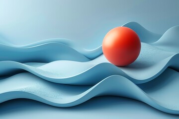 Poster - A minimalist 3D rendered image featuring a solitary red sphere centered on multi-layered blue waves