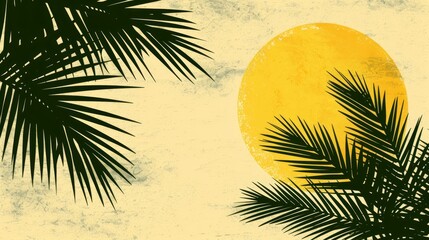   Close-up of a palm tree branch against a yellow sun backdrop, enhanced with grunge texture
