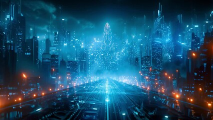 Poster - A neon-lit futuristic city with skyscrapers at nighttime, showcasing advanced urban design.