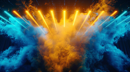 Wall Mural - A stage shrouded in electric blue smoke under a golden yellow spotlight, offering a bold, futuristic visual.
