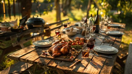 Poster - A rustic outdoor setting with a table set for a barbecue feast featuring tender grilled chicken.