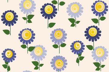 Wall Mural - Floral pattern with blue cartoon daisies. Vector illustration for children textile, wallpaper, fabric design