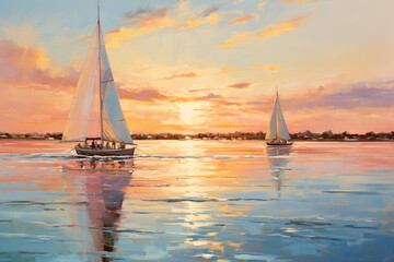 Wall Mural - Sailboats gliding across calm waters as the sun sets in the distance, painting the sky with pastel hues, isolated on solid white background.