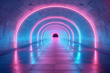 Poster - A mesmerizing corridor aglow with brilliant neon lights, creating an illusion of depth and a futuristic atmosphere