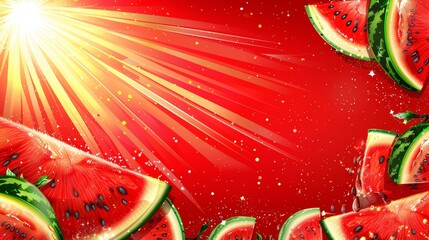 Wall Mural -   Watermelon slices against a red backdrop, illuminated by a radiant burst from their center