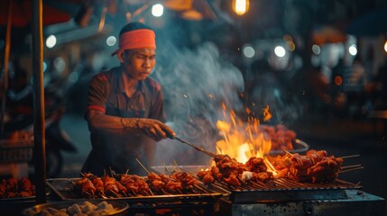 A street food vendor grilling chicken over an open flame, attracting hungry passersby with enticing aromas.