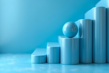 Poster - A minimalist image of a blue sphere placed on top of geometric shaped pedestals with a light blue background
