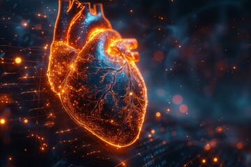 Poster - Illustration showcasing a luminous human heart with intricate network connections, symbolizing complex health systems or bioengineering advancements