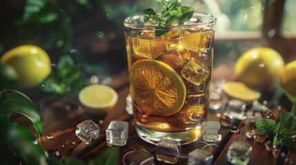 Poster - A tall glass of iced tea with lemon slices and mint leaves, surrounded by shimmering ice cubes.