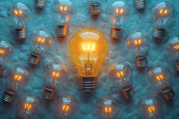 Poster - A single illuminated light bulb stands out in a crowd of dim bulbs, symbolizing uniqueness and inspiration