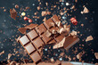 christmas gift box, At the heart of the composition, a chocolate bar explodes into fragments, with rich cocoa chunks and sweet candy pieces