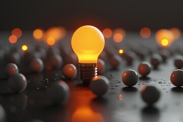 Poster - A single glowing bulb stands out amidst a dark backdrop with soft orange bokeh, creating a moody and focused scene