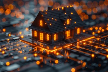 Poster - A digital composite image featuring a classic house model centric on a motherboard, symbolizing the fusion of real estate and technology