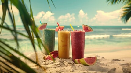 Aufkleber - A tropical beach setting with glasses of icy fruit smoothies, a refreshing way to beat the heat.