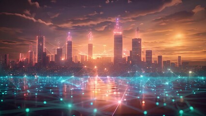 Poster - Twilight over a city with glowing buildings and a network of connected digital points.
