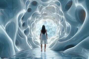 Poster - A stunning visual of a woman looking into a futuristic organic tunnel with glowing elements