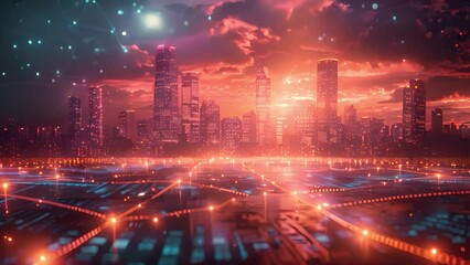 Poster - A neon-lit skyline against a twilight backdrop, evoking a sci-fi urban scene.