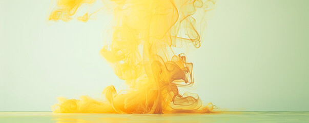 Wall Mural - Deep yellow smoke abstract background rises gently from a pale green floor.