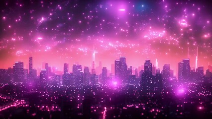Fototapete - A neon-lit urban skyline under a starry sky pierced by bright meteor trails.