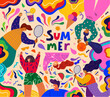 Colorful summer vector banner with people doing sports. An illustration showing summer sports activities: volleyball and badminton. People playing outdoors. Summer time concept design