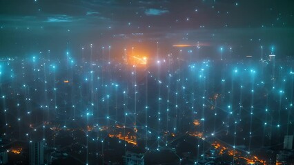 Poster - Dusk settles over a city interlaced with glowing digital network lines.
