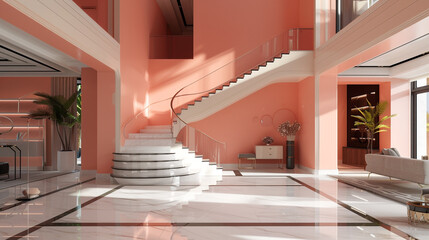 Elegant entrance hall in a soft salmon pink, with a modern staircase and luxurious furnishings in a U.S. home.