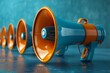 © Larisa AI - A row of orange megaphones set against a blue textured backdrop, emphasizing repetition and color contrast