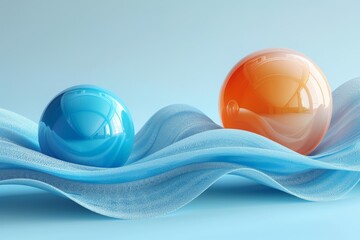 Poster - An image of two strikingly colorful spheres resting on a flowing wave of blue fabric