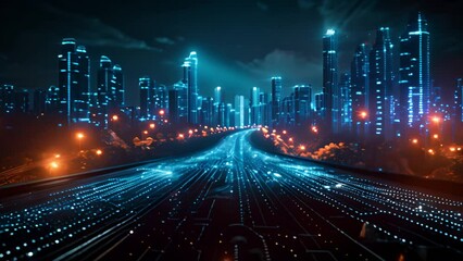 Poster - A nighttime view of a modern city with glowing digital network pathways.