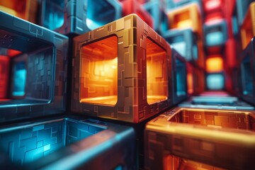 Poster - This image showcases a pattern of glowing cubes in orange hues, giving off a futuristic and digital feel