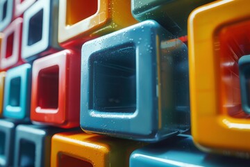 Poster - Close-up of water-droplets on multicolored cubic shapes giving a fresh, vibrant, and clean feel