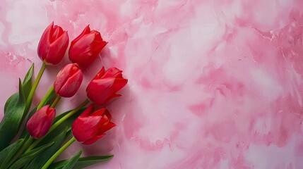 Wall Mural - A stunning arrangement of red tulips on a soft pink marble backdrop adorns the blank page evoking the beauty of a spring bouquet There is ample space for your imagination to bloom