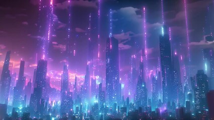 Fototapete - A cityscape of a futuristic metropolis under a star-filled sky.