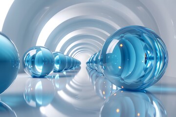 Poster - A stunning 3D rendered image featuring glossy blue spheres aligned inside a reflective tunnel conveying modernity and innovation